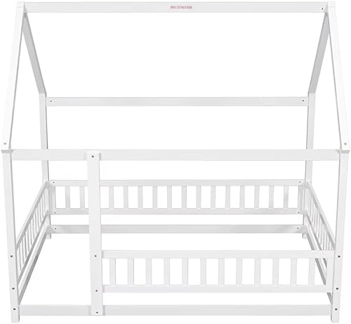 Miniatura 4 de Cama de suelo de tamaño matrimonial para niños, cama de madera maciza con barandillas de techo y valla para niños y niñas, cama Montessori sin