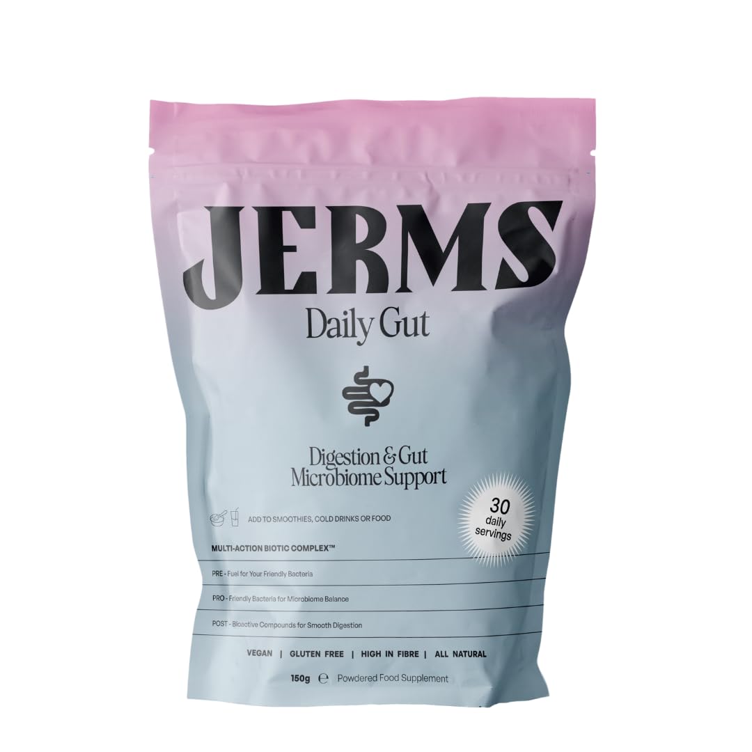 JERMS Daily Gut | Tribiotic Powder with Pre-, Pro- & Postbiotics | 10 Billion CFU + Digestive Enzymes + Feiolix® for Metabolic Support | Vegan, No Sweeteners, Gluten-Free | 30 Servings