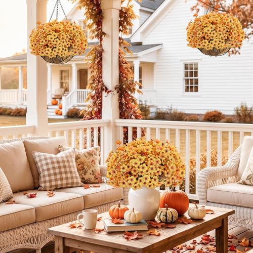Image of 22 Pack Artificial Fall Flowers Mums for Outdoor Indoor(Fall Yellow)