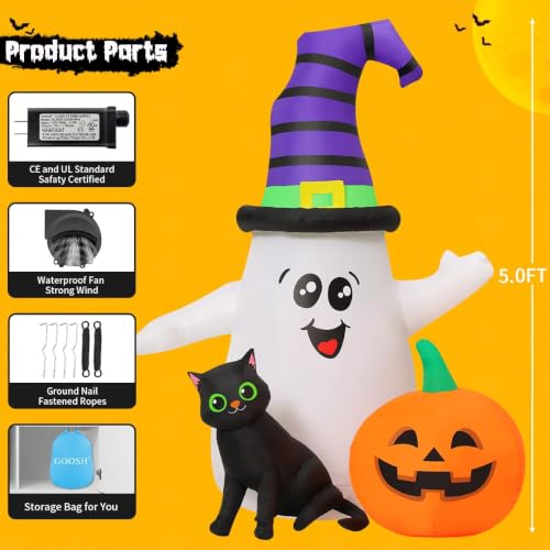 Image of GOOSH 5FT Inflatable Halloween Cute Ghost with The Pumpkin Blow Up Inflatables Halloween Outdoor Yard Decoration