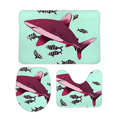 HOTLIFE-234 Coral Velvet Vloermat Drie Sets Oceanische Whitetip Shark Up Inclusief 60X40cm Hoge-absorberend WC-bril en 50X40cm Microvezel Zacht Fluffy Badkamer Tapijt, Antislip Mat Wasbaar