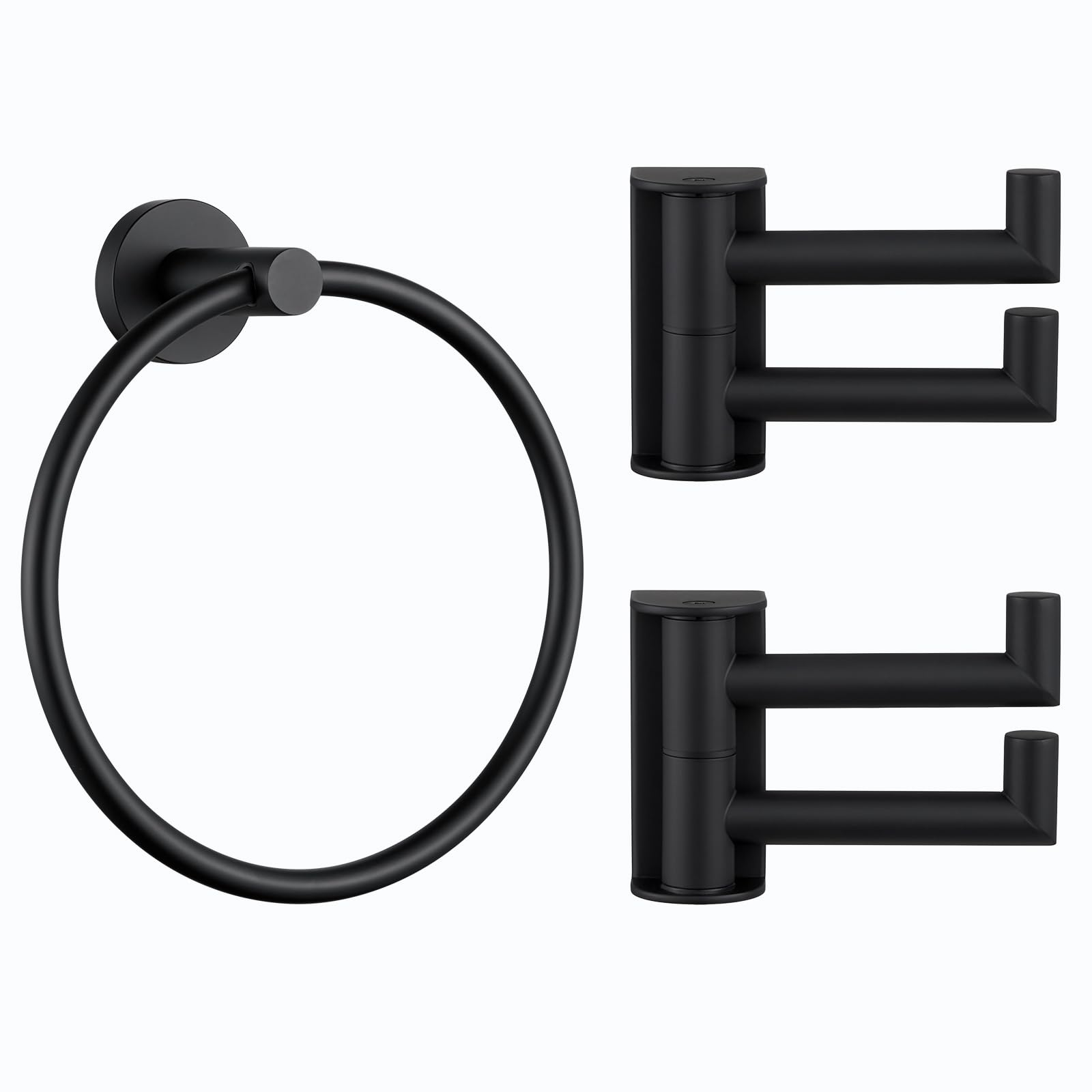 APLusee Matte Black Solid Stainless Steel Towel Ring for Bathroom, 304 Stainless Steel 2 Pack Swivel Towel Hook Bundle, Wall Mounted