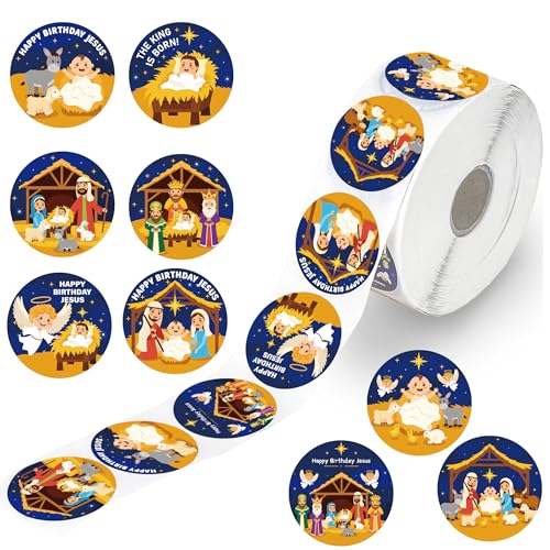 YHNTGB 1200 Pcs Nativity Stickers roll 1.58 Inch Christian Christmas Stickers 9 Styles Jesus Story Round Stickers for Xmas Holy Night Holiday Party Favors Decorations Envelope Sealing Supplies