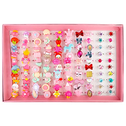 NEWITIN 7 Pieces-100 Pieces Cute Rings for Girls Crystal Ring Girl Pretend Play and Dress up Rings Adjustable Ring Kids Jewelry Little Girl Gift for Girls Kids2