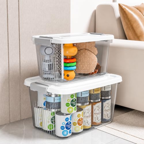 Image of KREPS Plastic Storage Bins With Latching Lids Stackable Containers, Large Storage Box For Bedroom, Basement, Classroom, Camping, Office (TRANSPARENT, MEDIUM - 12 X 8.5 X 7 INCH, PACK OF - 3)
