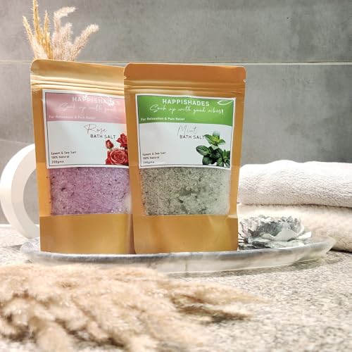 Image of Happishades Bath Salt | For Body & Foot Spa, Calming, Relaxing, Muscle Aches Pain Relief, Aromatherapy | Pure & Natural Epsom, Sea Salt & Essential Oils - 200 grams (Rose & Mint)