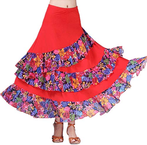 Falda de Baile de Práctica de Salón Vals Moderno Tango Suave Trajes de Baile de Salón Trajes de Flamenca Impreso para Mujeres,Rojo thumbnail