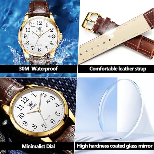 Image of OLEVS Watch Men Mens Watches Watches for Men Leather Band Classic Brown Leather Watch Men, Analog Watch Men, Black Mens Leather Watch, Dress Waterproof Large Face Mens Watch,Relojes para Hombres Watch