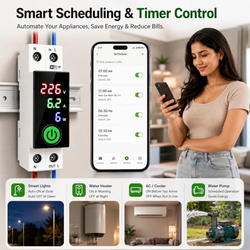 Image of Blackt Electrotech BT74NVF 63A Wi-Fi Circuit Breaker with Over-Voltage, Current Protection & Energy Metering Remote Control, Timer, & Power Monitoring | Smart Life, Alexa (With Dispaly)