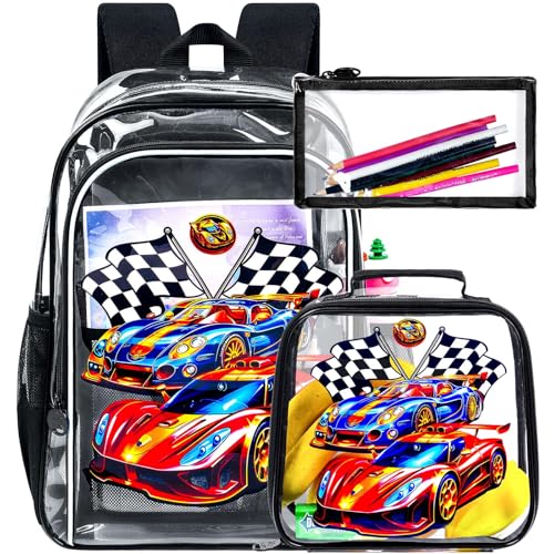 3 peças de mochila transparente resistente, linda bolsa transparente de lantejoulas com bolsa para meninas, bolsa escolar transparente feminina, Mochila Cool Uv Racing Car preta transparente, One Size