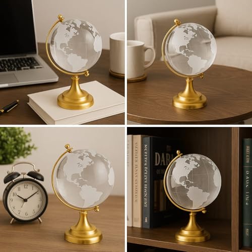 Image of Luxury Crystal Mini 3 Inch Globee with Golden Stand- 6 inch Elegant World Globe for Desk or Office Decor, Modern Decorative Glass Globe with Etched Continents