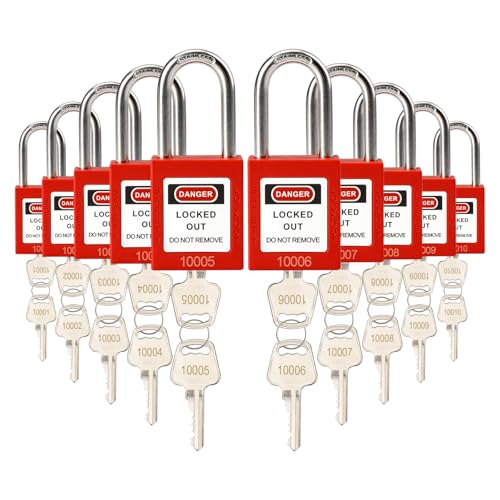 Image of Lockout Tagout Locks with Brass Core, Keyed Different, 10 Red Safety Padlocks Keyed Different,2 Keys Per Lock,OSHA Compliant Loto Locks for Electrical Lock Out Tag Out Kits