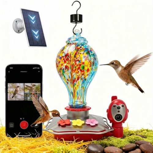 Hummingbird Feeder with Camera, Smart Glass Humming Bird Feeder Camera Solar Powered, AI Identify and Instant Notifications, 2K Live View, Leak-Proof Ant & Bee Proof, Ideal Gift