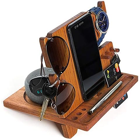 Wooden Phone Docking Station Desk Organizer Night Stand for iPhone Watch Sunglasses Keys Top Men’s Anniversary Christmas for Dad Husband Men Him Father’s Day Present Bed Side Valet Tray ash-Tree Wood Cover