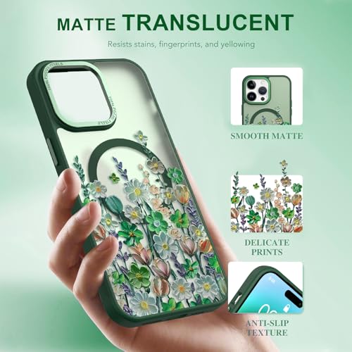 Image of Magnetic for iPhone 14 Pro Max Case with for Women, Green Floral | Pretty Oil Painting Flower Pattern Design [Compatible with MagSafe] Shockproof Slim Translucent Matte Non-Slip Cover