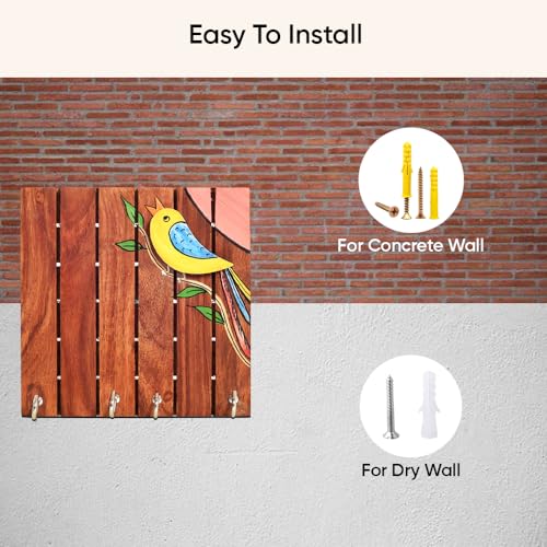 Image of Aakriti Art Creations Key Holder, Robin Hand Painted Wooden Key Holder with Bird Design | Rustic Akasia Wood Wall Organizer with 5 Hooks | Storage Shelf For Keys, Hats | Multifunctional Entryway Decor