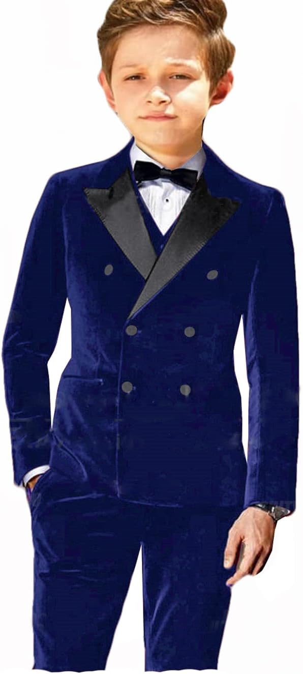 2 Pieces Velvet Boys Tuxedo Suit Double Breasted Peak Lapel Jacket Pants Ring Bearer Outfit Prom Wedding Party