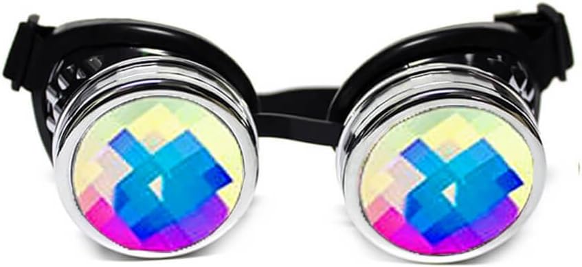 GloFX Chrome Padded Kaleidoscope Goggles Bug Eye Lens - Silver Frame - Rave