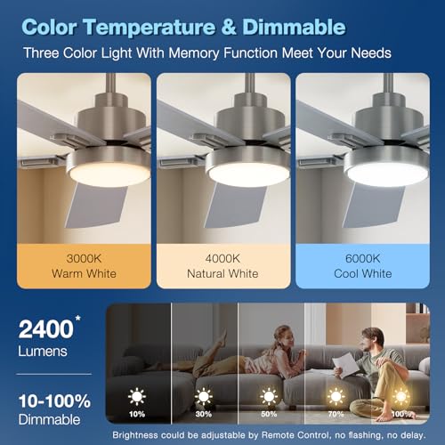 Warmiplanet WICF15 52 Inch Indoor Ceiling Fans With Lights And Remote Control, 6 Speeds Slient Reversible Dc Motor, 3 Color Dimmable Led Light, Timer, Brushed Nickel thumb #3