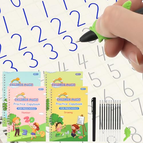 PEASUG Grooved Writing Books for Kids 3-5, Magic Grooved Writing Practice for Kids, Reusable Grooved Handwriting Workbooks Practice for Kids Learn to Write, Children's Magic Copybooks 4 Pack