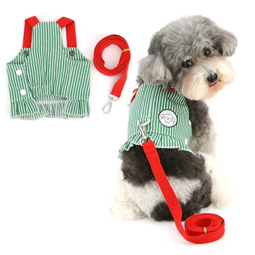 RANPHY デニム犬猫用ハーネス&リードセット ストライプ柄 洋服型 抜けにくい 小型犬 超小型犬 猫用 咳き込み軽減 通気性 軽量 安全 散歩用 フリル付き 簡単着脱 Dカン付き おしゃれ,グリーン,S