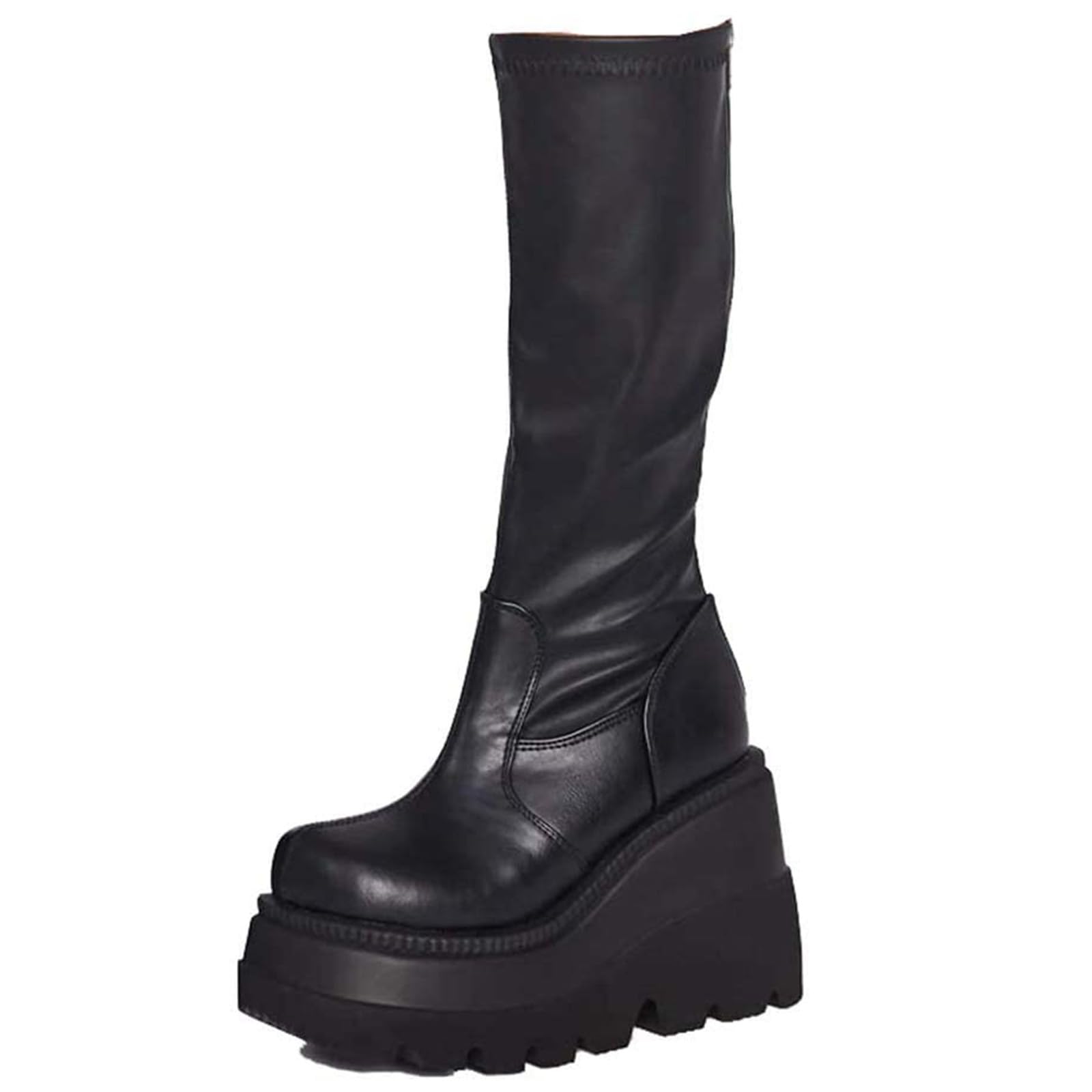 Womens High Platform Mid Calf Wedges Chunky Booties High Heel Round-Toe Side Zip Punk Combat Boots Girls Lace