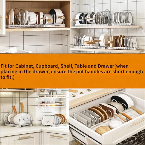Expandable Under Cabinet Organizer Rack for Pots, Pans, Lids & Bakeware - Adjustable 10-Compartment Kitchen Storage Holder for Cabinet Door, Fits Cutting Boards, White, Expandable 11.81''-22.85''