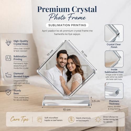 Image of Rangoli Personalized Crystal Photo Frame 10 x 10 cm Square Diamond Cut Glass Frame with Base Custom Photo Gift Premium Table Top Decor. D-11