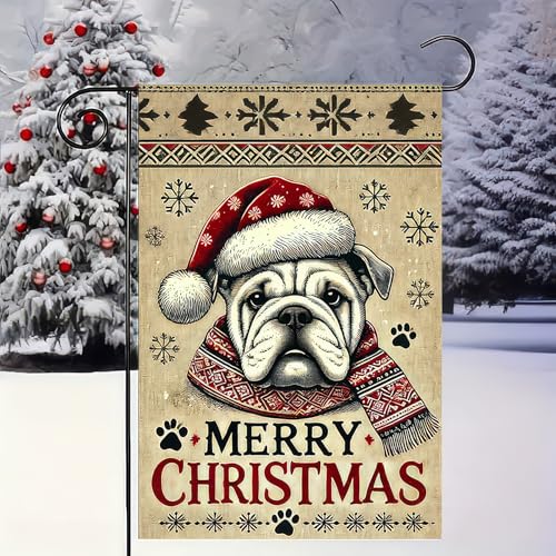 Image of BlissYard Christmas Garden Flag 12x18 Inch Bulldog Santa Hat Yard Decor