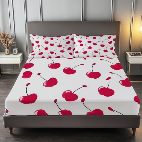 Sábana Bajera Ajustable 150 x 200 cm Minimalismo Estampado De Cerezas, Microfibra hipoalergénica Transpirable con Estampado Sábana Bajera Ajustable para Colchón de 30cm de Altura, Rojo