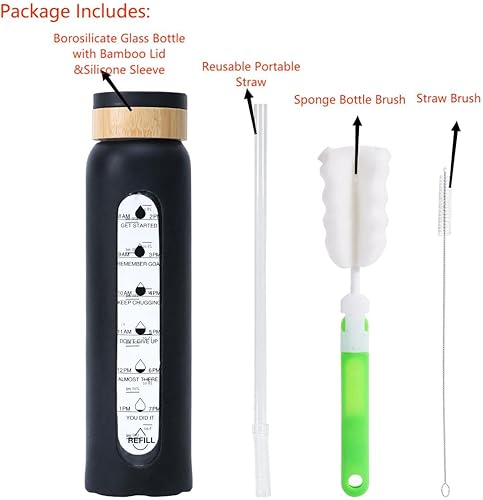 Miniatura 3 de Botella de agua de vidrio de 32 onzas con funda de silicona, tapa de bambú de boca ancha, botella de agua motivacional con marcador de tiempo,