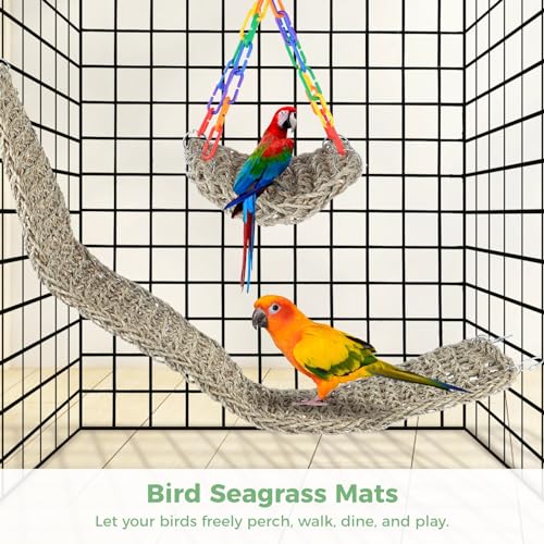 2-Pcs-Bird-Seagrass-Mats-3973in-Natural-Seagrass-Woven-Net-and-7575-Square-Net-Bird-Hammock-Mats-with-Hooks-Climbing-Rope-Ladders-Cage-Chew-Toys-for-Cockatiel-Hamster