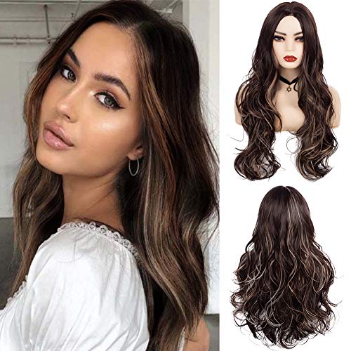 Kaneles Long Curly Wavy Brown Wig with Highlights for Women Synthetic Natural Wave Hair Wigs Middle Part Heat Resistant Cosplay Wigs
