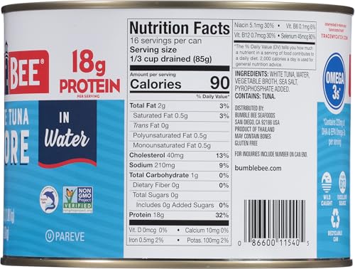 Image of Bumble Bee Chunk White Albacore Tuna in Water, 66.5 oz Bulk Food Service Can - Wild Caught Tuna - 20g Protein per Serving, High in Omega-3s - Non-GMO Project Verified, Gluten Free, Kosher (Pack of 5)