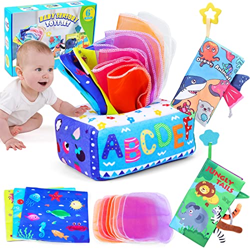 Image of AROIC Baby Tissue Box and Soft Clothes Books, Sensory Pull Along Toddler Infant Baby Tissue Box Toy, Touch and Feel Crinkle Tail Books Set, Learning Toy for 0-6-18 Months Baby Infant Gift (Set of 3)