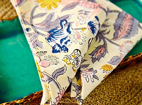 Avka Studio Cotton Print Dinner Napkins 18X18 Inches - Washable Cloth Napkins Set Of 12 - Everyday Use Or Dinner Party And Events - Light Yellow Indian Block Printed Fabric #TOP3