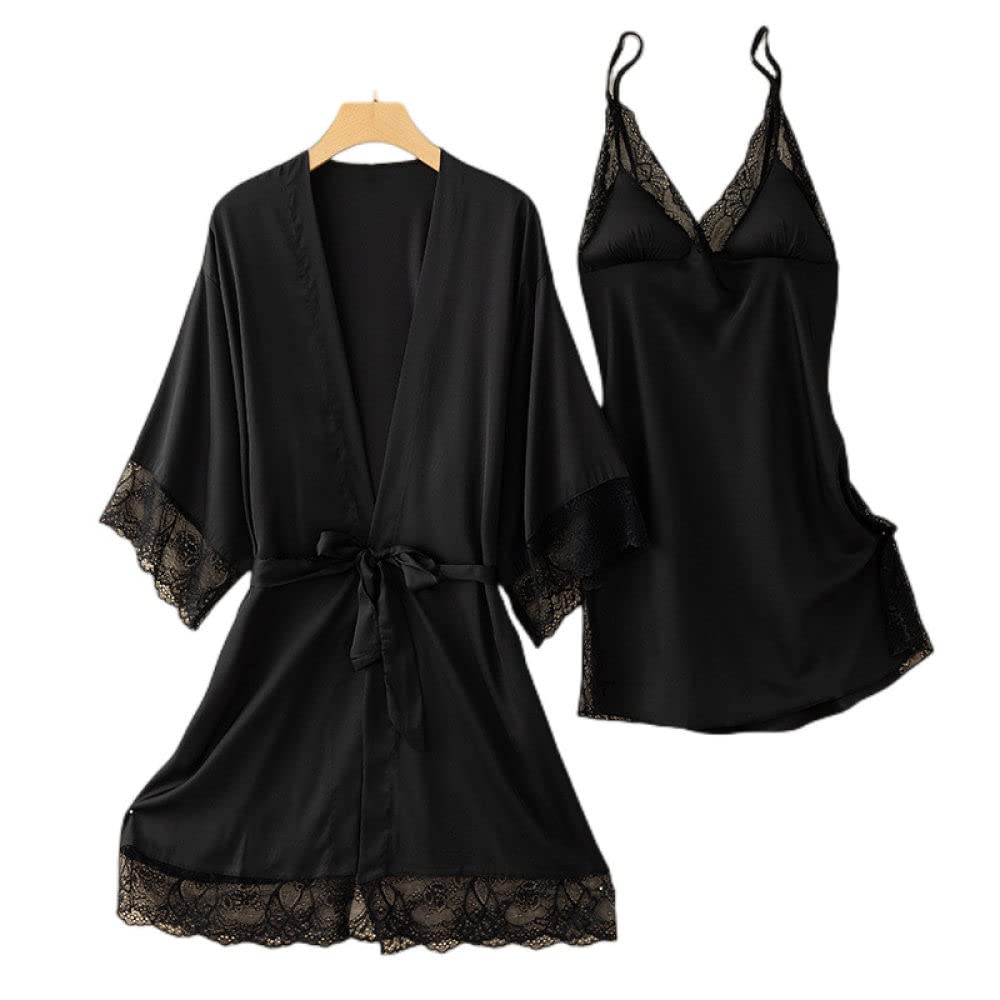 OZEO Pigiama Raso Donna,Accappatoio Kimono in Due Pezzi di Raso Nero Vestaglia Sexy con Cuciture in Pizzo Leggero Abito con Lacci Abito da Sposa Babydoll Bademantel Damen,S