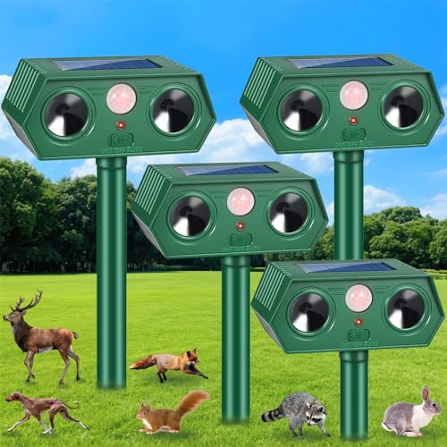 Paquete de 4 repelentes solares de animales, repelente ultrasónico para gatos al aire libre para patio, disuasorio impermeable de zorrillos con sensor de movimiento, disuasorio eficaz para perros