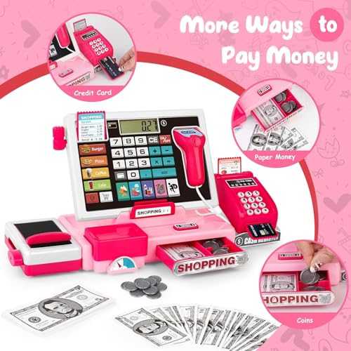 Image of SHAKTISM Cash Register with Lights & Sounds for Pretend Play Electronic Toy Set with Scanner Shopping Basket Grocery Best Gift for 3+ up Ages Kids Boys & Girls (Cash Register 818)
