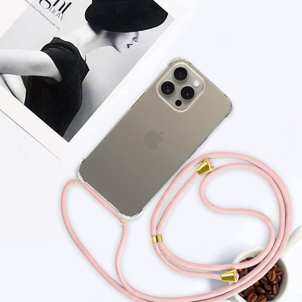 YESPURE Crossbody Lanyard Case Crystal Clear Anti-Yellowing Soft TPU Bumper Shockproof Protective Phone Cover with Adjustable Neck Strap for iPhone 15 Pro - Rose Gold - Image 5