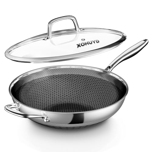 XOHUYD Wok Pan, 13-Inch Stainless Steel Woks & Stir-Fry Pans Nonstick, Wok Pan with Lid for Induction, Electric, Gas, Halogen, All Stoves, Professional PFOA Free Cookware, Dishwasher & Fast Heat