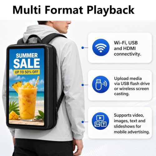 Image of Digital Backpack Display,1920 * 1080 Resolution Ratio 1000 Nits Brightness,IPS Panel,178 Wide Viewing Angle,Remote Control,Android Os11.0,Wifi /USB /Rj45 /HDMI Input,for Marketing 27in