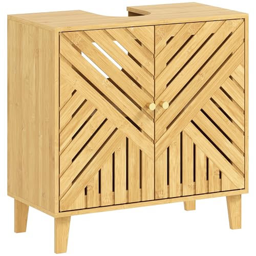 HOMCOM Mueble bajo Lavabo de Bambú Mueble de Baño con 2 Puertas Lamas y Estante Ajustable Armario de Baño para Lavabo sin Pedestal Estilo Nórdico 60x30x60 cm Natural