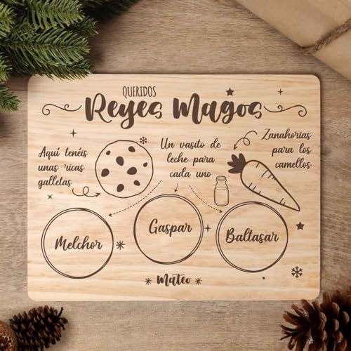 Bandeja Navidad Personalizada Reyes Magos Santa Claus Papa Noel Nombre Bienvenida Madera Decoracion Galletas Leche Agua Camellos (Reyes Magos Marrón)