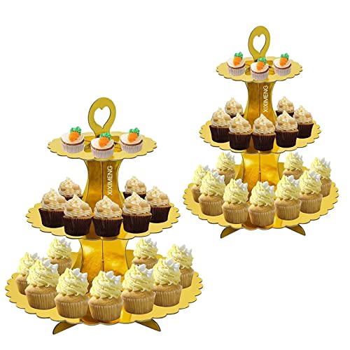 2 Sätze Tortenständer aus Karton 3 Etagen, Cupcake Ständer aus Pappe, Muffinständer für Kindergeburtstag, Dessertständer für Geburtstag Party, Kaffeetafel, Hochzeit (gold) Cover