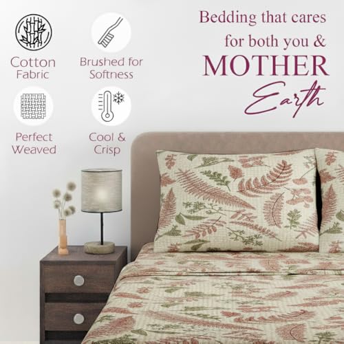 Image of Trance Home Linen 100% Cotton 144Tc Elastic Fitted Bedsheet | Printed Double Size Bed Elasticated Fitted Bedspread with 2 Pillow Covers (75X60 Inch, Foliage Peach), Queen