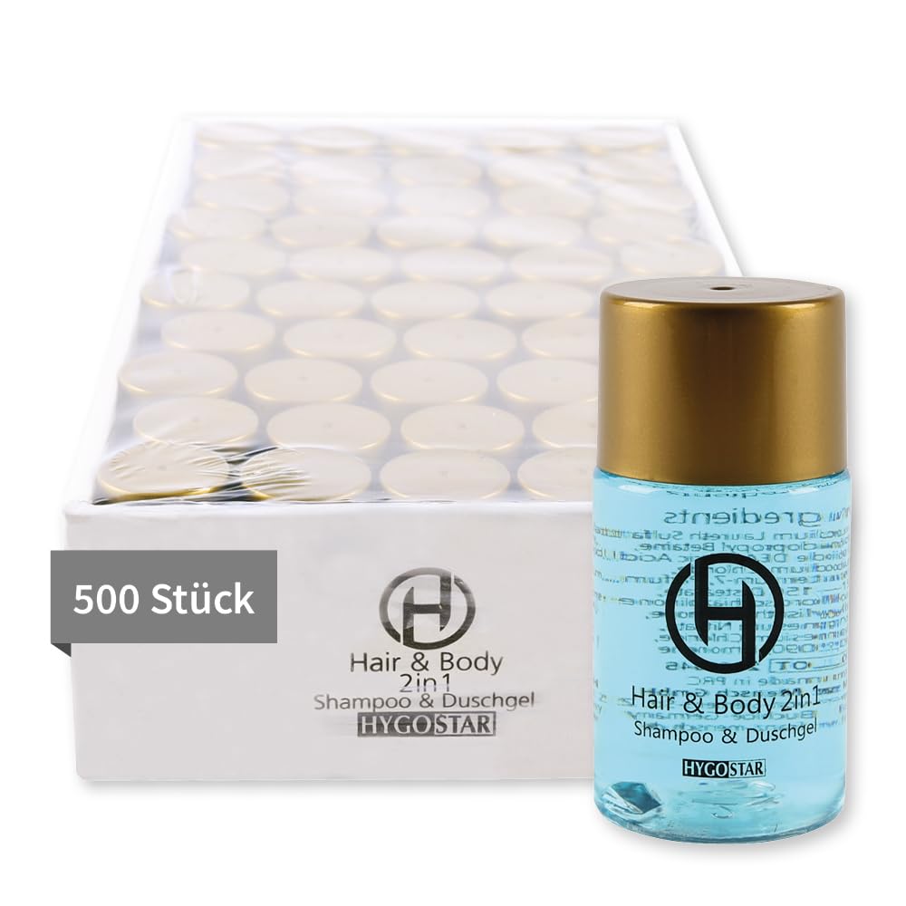500 Stück Hygostar Hair & Body, 2in1 | Flasche, hellblau, V: 25ml, Umfang: 2,8cm, H: 7,5cm, Hotel Shampoo und Duschgel, Hotel Einweg Hair & Body, 2in1, Hotelkosmetik, Einmalkosmetik, Einwegkosmetik