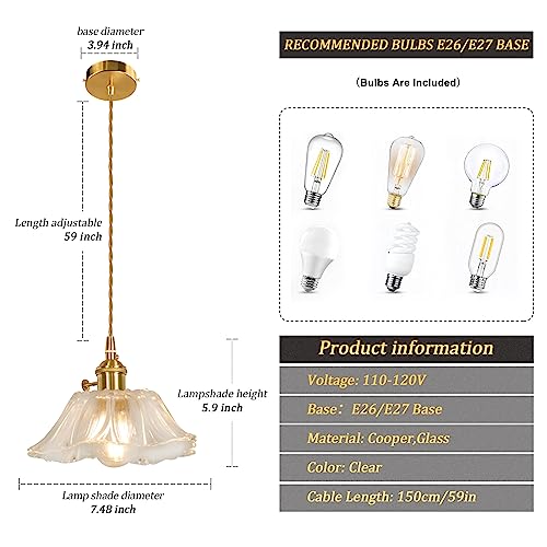 Shenmoyl 1-Light Pendant Light Glass Hanging Light,E26/E27 Drop Ceiling Light Fixture Lamp For Farmhouse Kitchen Island Bedroom 7.48 Inch Diam W/Retro Clear Flowers Lampshade Pattern Lampshade #TOP1