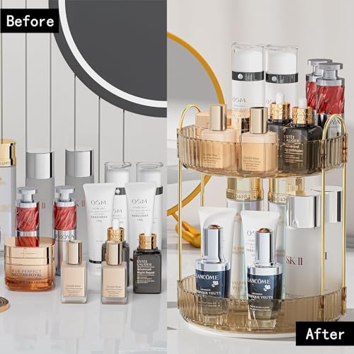 Image of 360 Rotating Makeup Organizer Bathroom Make Up Spinning Holder Rack, Large Capacity Cosmetics Storage Vanity Shelf Countertop, Fits Cosmetics, Perfume Skincare Lipsticks (2 Tier, Amber)