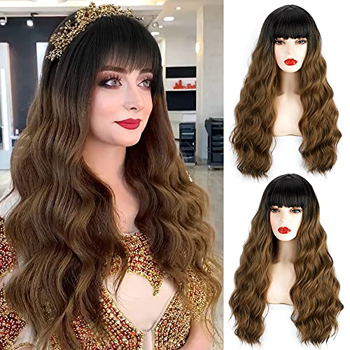 Vigorous Ombre Brown Long Wavy Wig with Bangs Natural Looking Heat Resistant Wavy Wig with Bangs for Cosplay Party